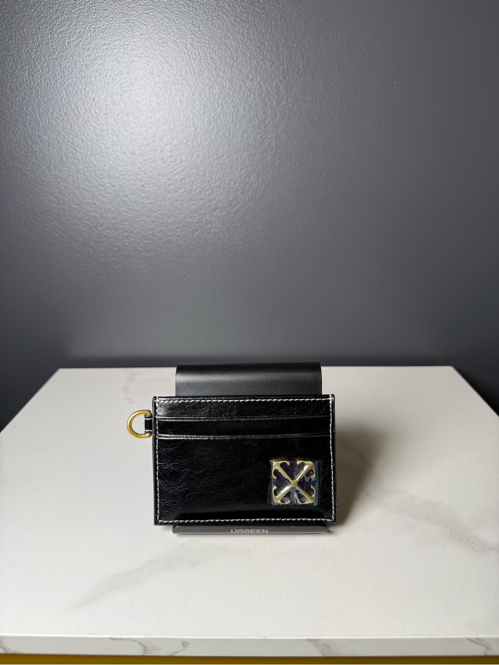 Off-White Black Leather Card & Key Holder with Gold Accent